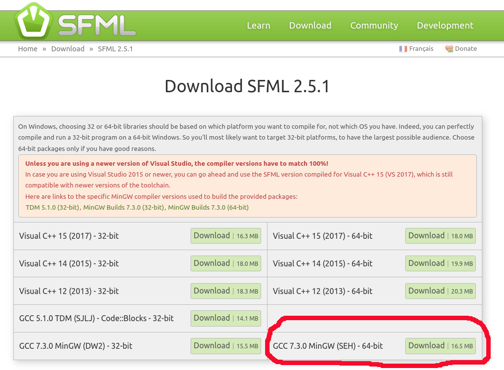 Página de download do SFML 2.5.1