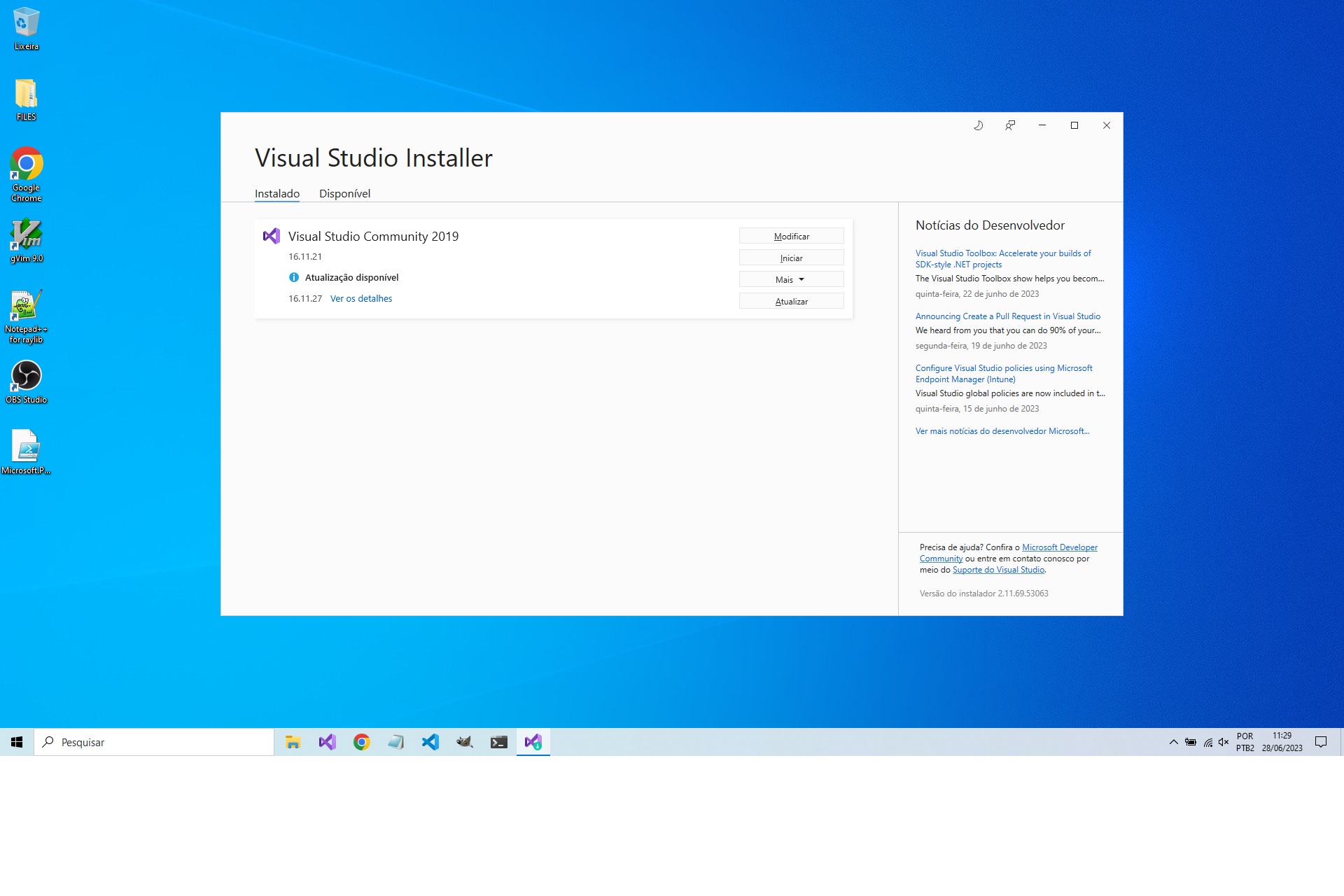 Modificar Instalação do Visual Studio já pré-instalado