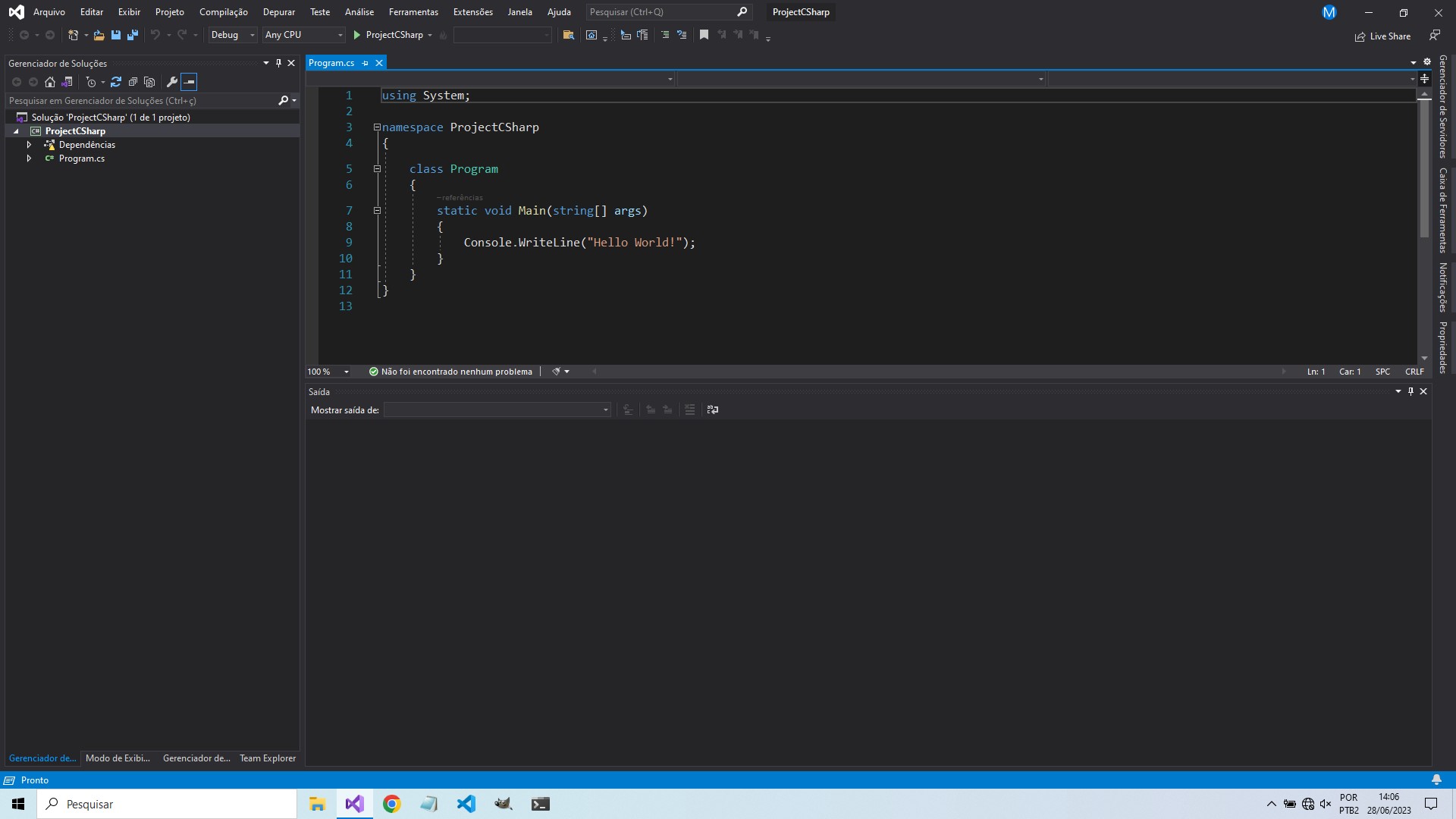 Rodar o Código Básico C# pré criado pelo Visual Studio